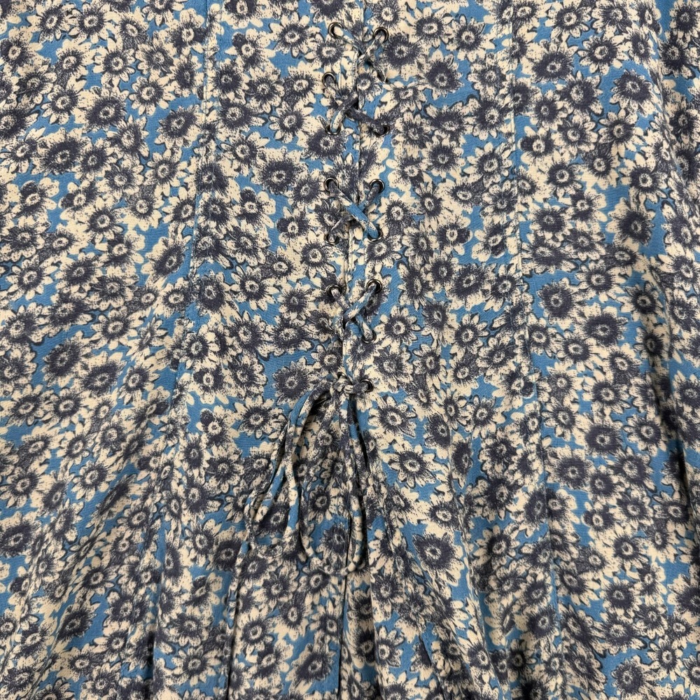 Free People Dress Women M Blue Floral Flower Power Mini Fit & Flare Boho Lace Up - Picture 8 of 11
